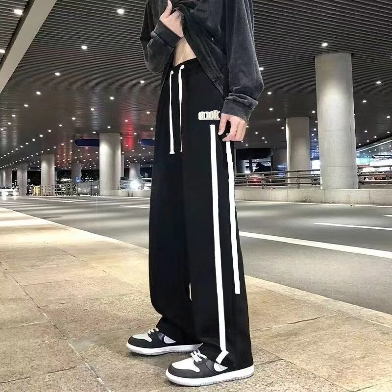American wide leg casual pants men's spring and autumn plus size new trendy straight leg pants thin loose sports sweatpants H07 Black L