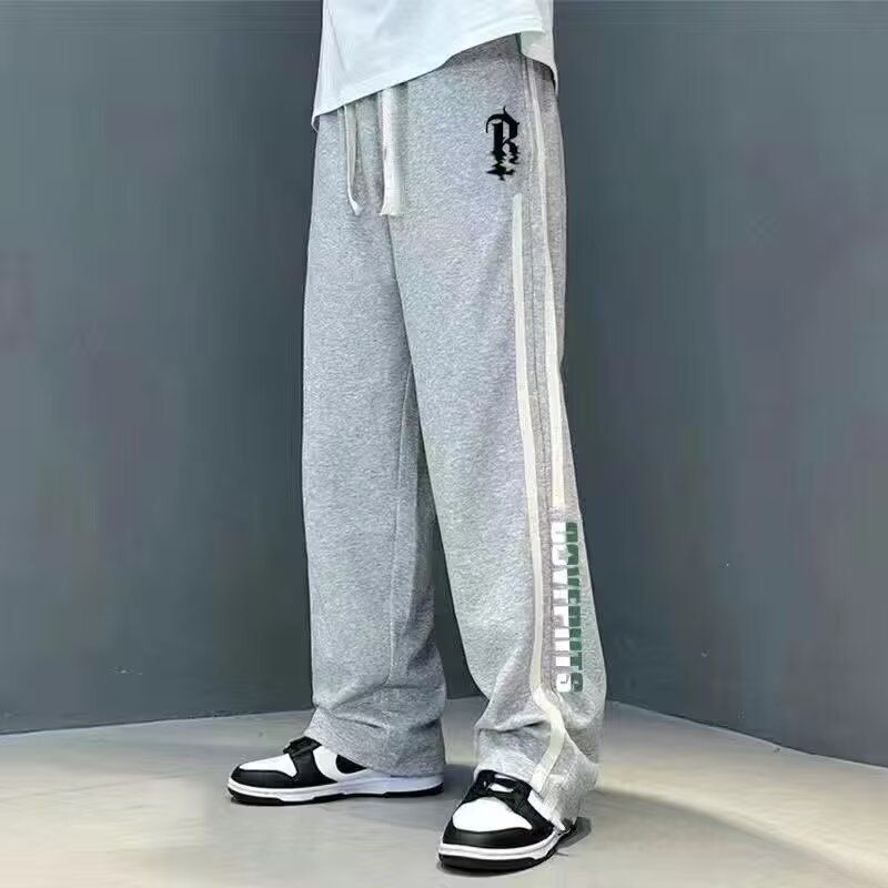 American wide leg casual pants men's spring and autumn plus size new trendy straight leg pants thin loose sports sweatpants H07 Black L