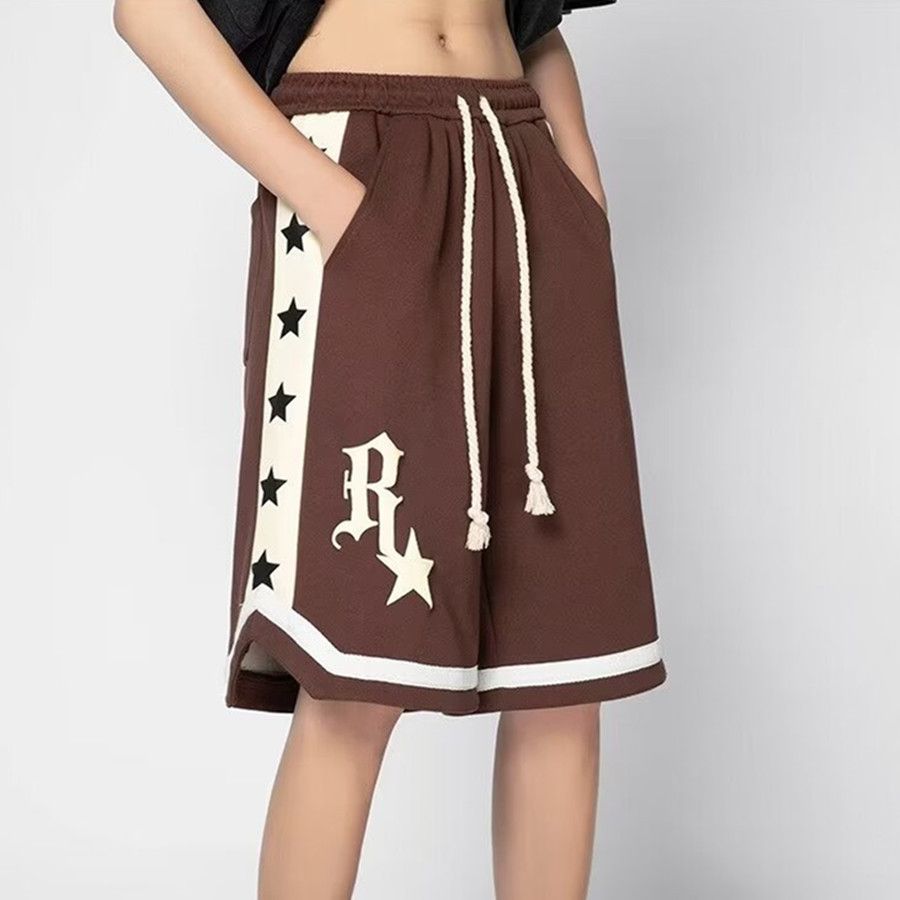 American basketball star print shorts men's summer trendy brand training casual pants Japanese high street sports five quarter pants 613 Black L