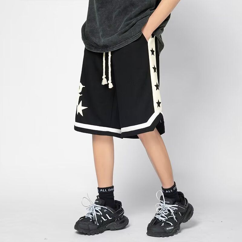 American basketball star print shorts men's summer trendy brand training casual pants Japanese high street sports five quarter pants 613 Black L