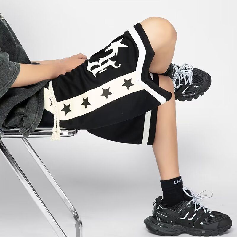 American basketball star print shorts men's summer trendy brand training casual pants Japanese high street sports five quarter pants 613 Black L
