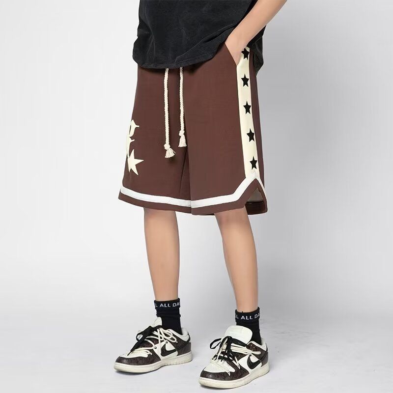 American basketball star print shorts men's summer trendy brand training casual pants Japanese high street sports five quarter pants 613 Black L