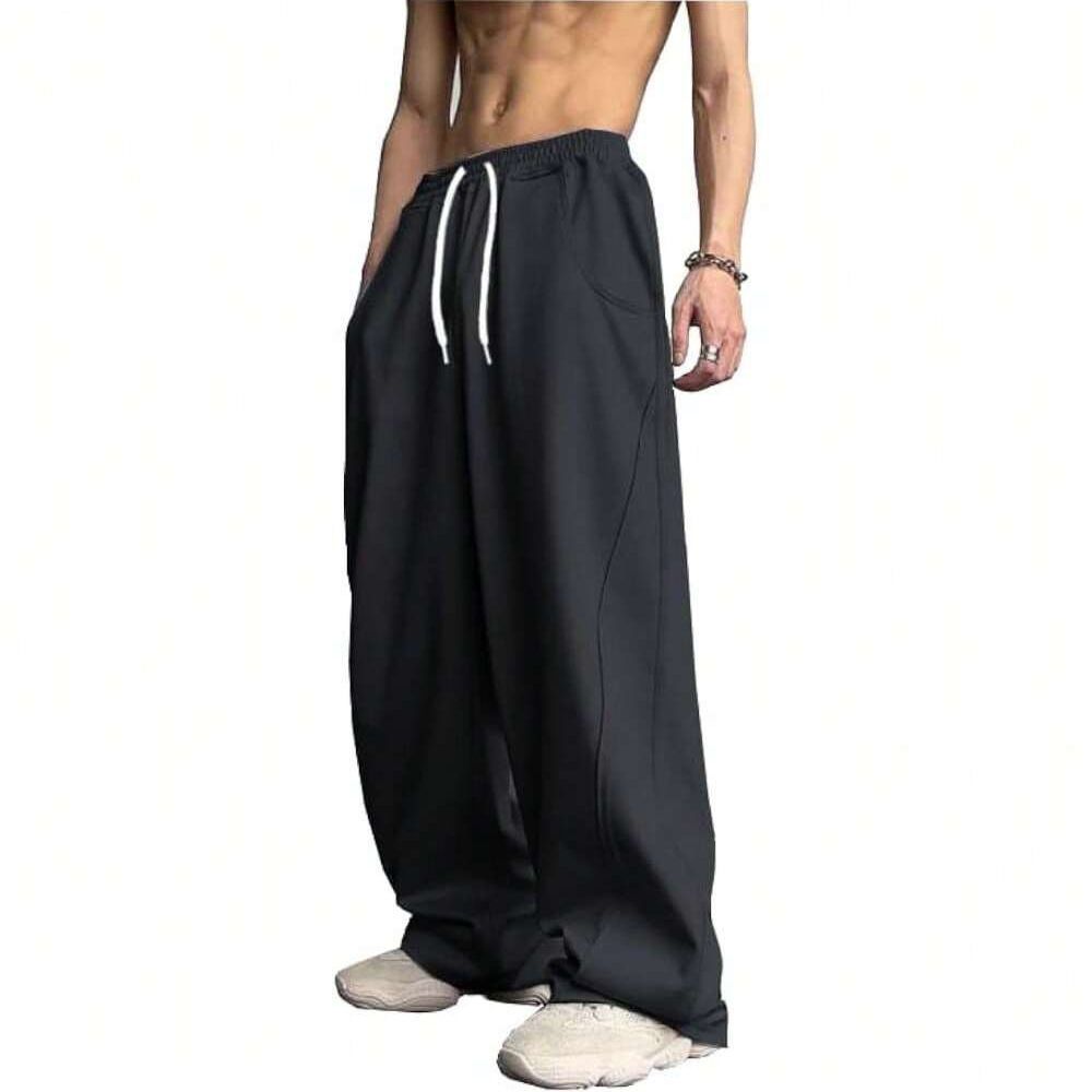 Cross border AliExpress foreign trade men's casual pants wide leg sports sweatpants loose high street design straight leg long pants black L