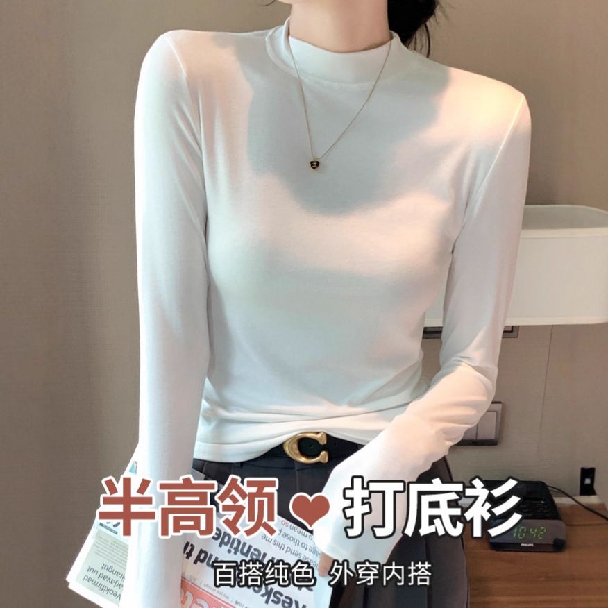 Cross border Korean semi high neck double-sided German velvet base shirt for women's autumn and winter new style, inner long sleeved T-shirt top, slim fit Style_1 M