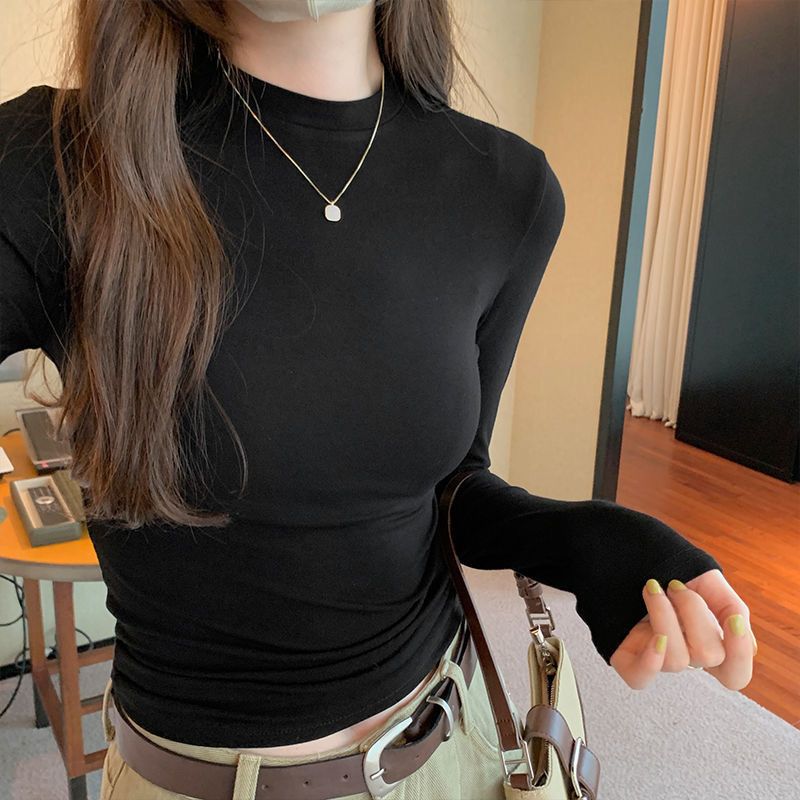 2025 new women's double-sided German velvet semi high neck long sleeved autumn and winter slim fit T-shirt women's solid color versatile temperament base Style_1 M