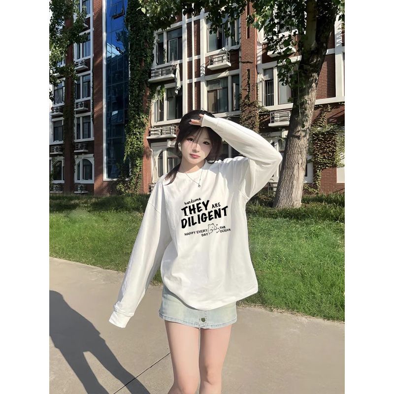 2025 Fresh Autumn Hong Kong style round neck hoodie, women's long sleeved T-shirt, thin solid color top, printed street vendor source Style_1 S