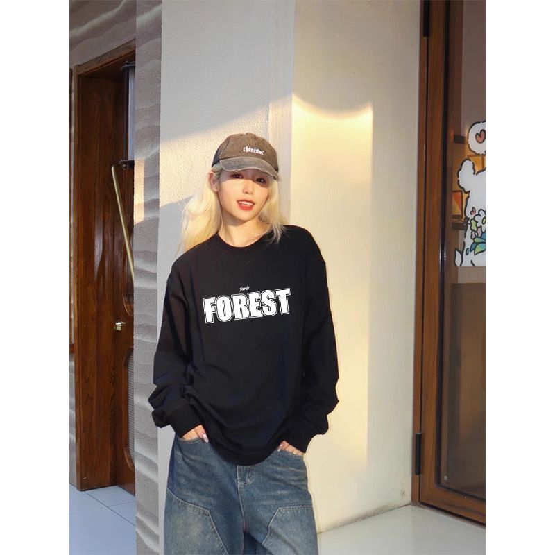 2025 Fresh Autumn Hong Kong style round neck hoodie, women's long sleeved T-shirt, thin solid color top, printed street vendor source Style_1 S
