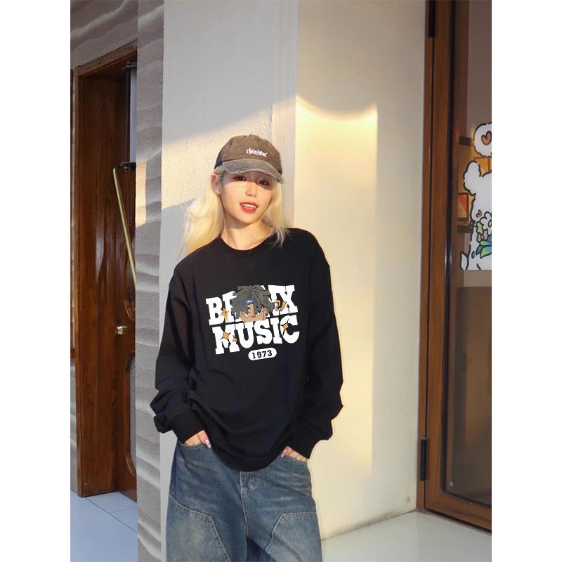 American style early autumn creative printed round neck sweatshirt, women's long sleeved T-shirt, thin version, solid color, milk silk top, T-shirt manufacturer Style_1 S