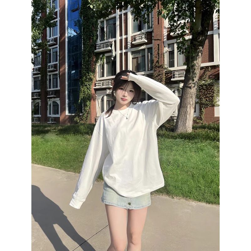 American style early autumn creative printed round neck sweatshirt, women's long sleeved T-shirt, thin version, solid color, milk silk top, T-shirt manufacturer Style_1 S