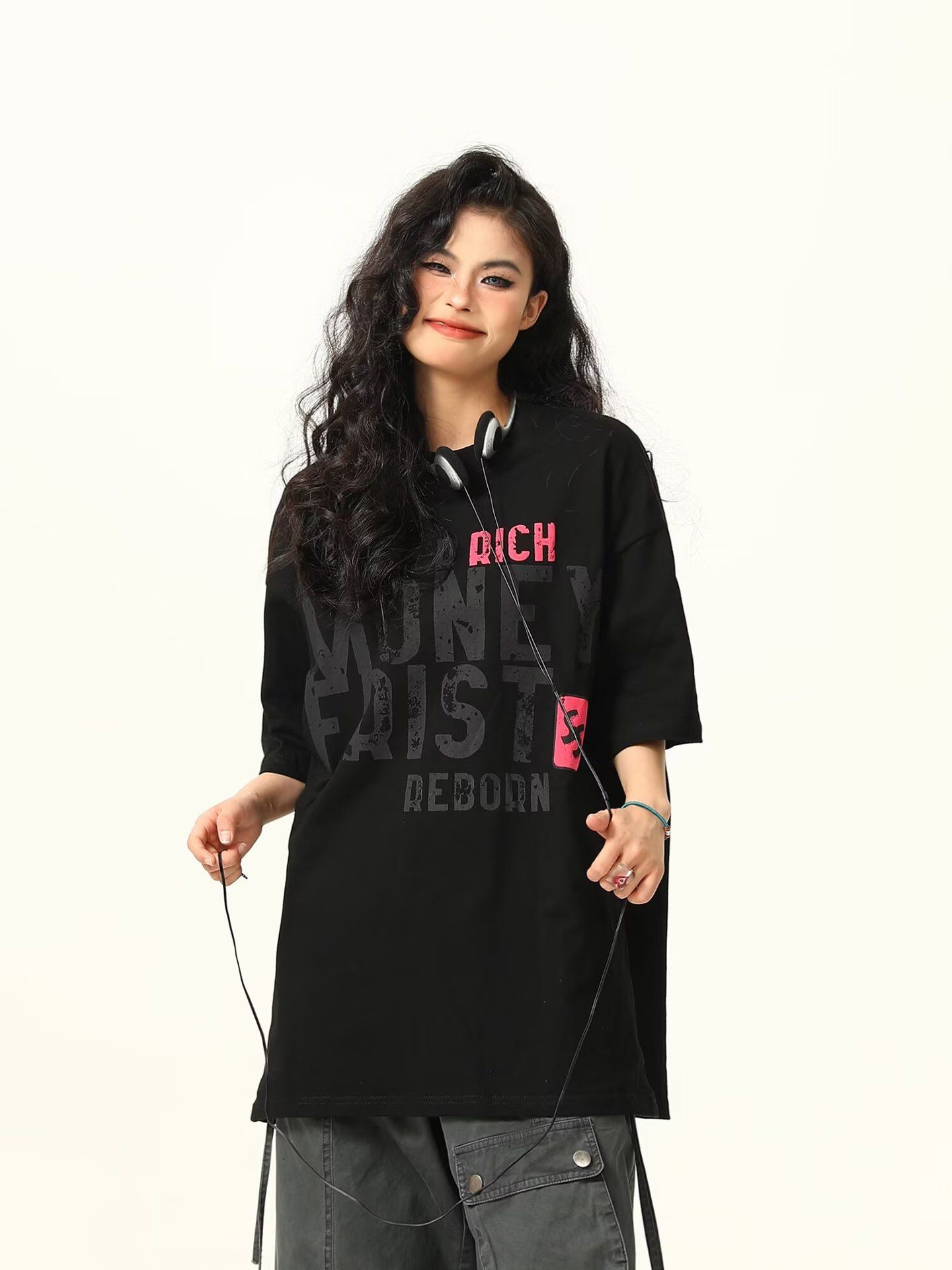 Short sleeved t-shirt women's trendy brand summer new letter printed five quarter sleeve American loose casual round neck half sleeved top black M