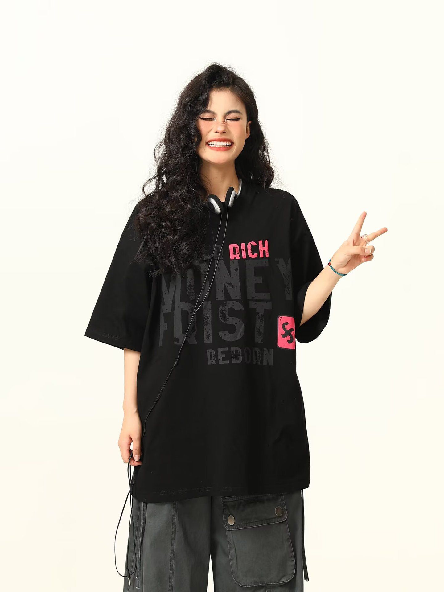 Short sleeved t-shirt women's trendy brand summer new letter printed five quarter sleeve American loose casual round neck half sleeved top black M