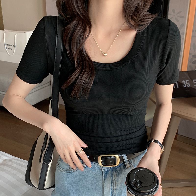 Short sleeved T-shirt women's round neck summer new thread simple and versatile slim fit spicy girl style shoulder style top black M suggestion [80-95 pounds]
