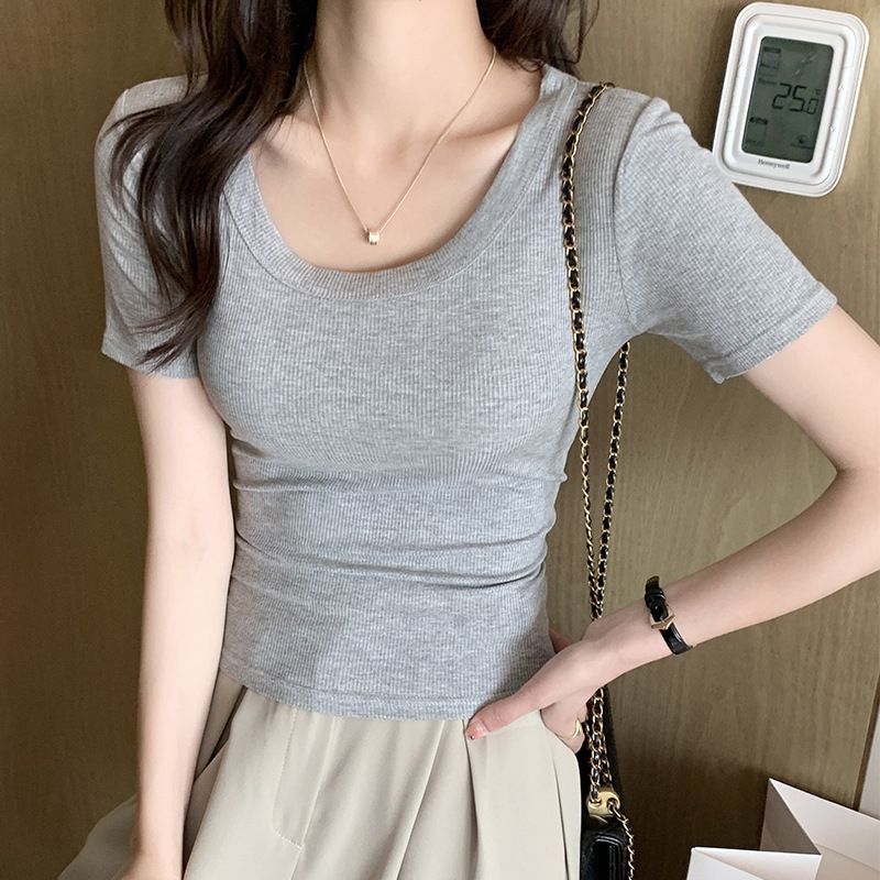 Short sleeved T-shirt women's round neck summer new thread simple and versatile slim fit spicy girl style shoulder style top black M suggestion [80-95 pounds]
