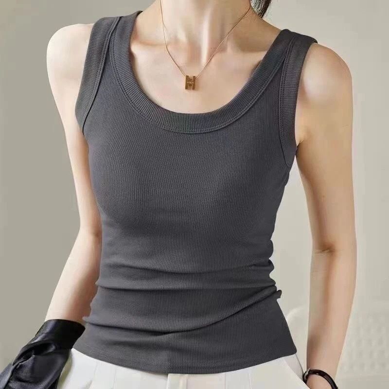 Casual versatile camisole vest for women with wide shoulders on the outside, French sleeveless style, and white wide band I-shaped thread inside for a beautiful back black M suggestion [75-90 pounds]