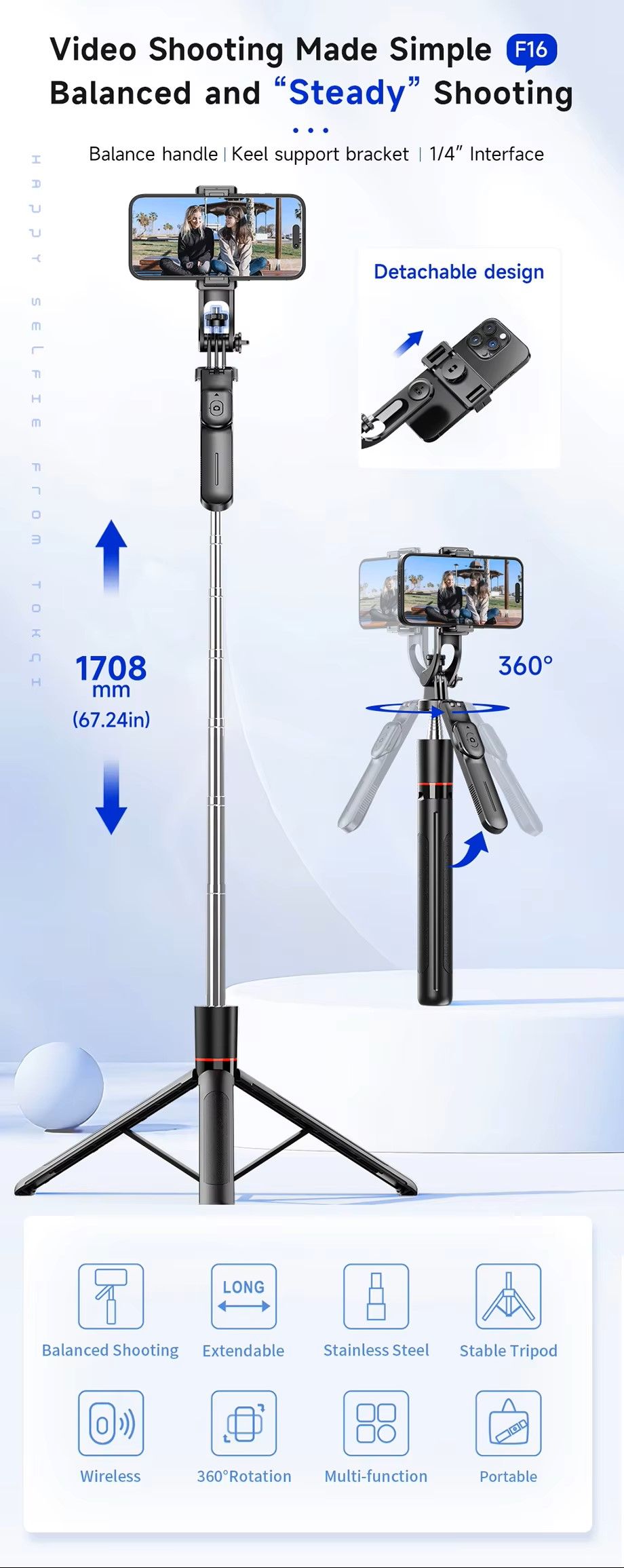 Selfie stick F16, portable for travel, stable shooting, Bluetooth selfie device, floor-standing live broadcast tripod, anti-shake phone holder