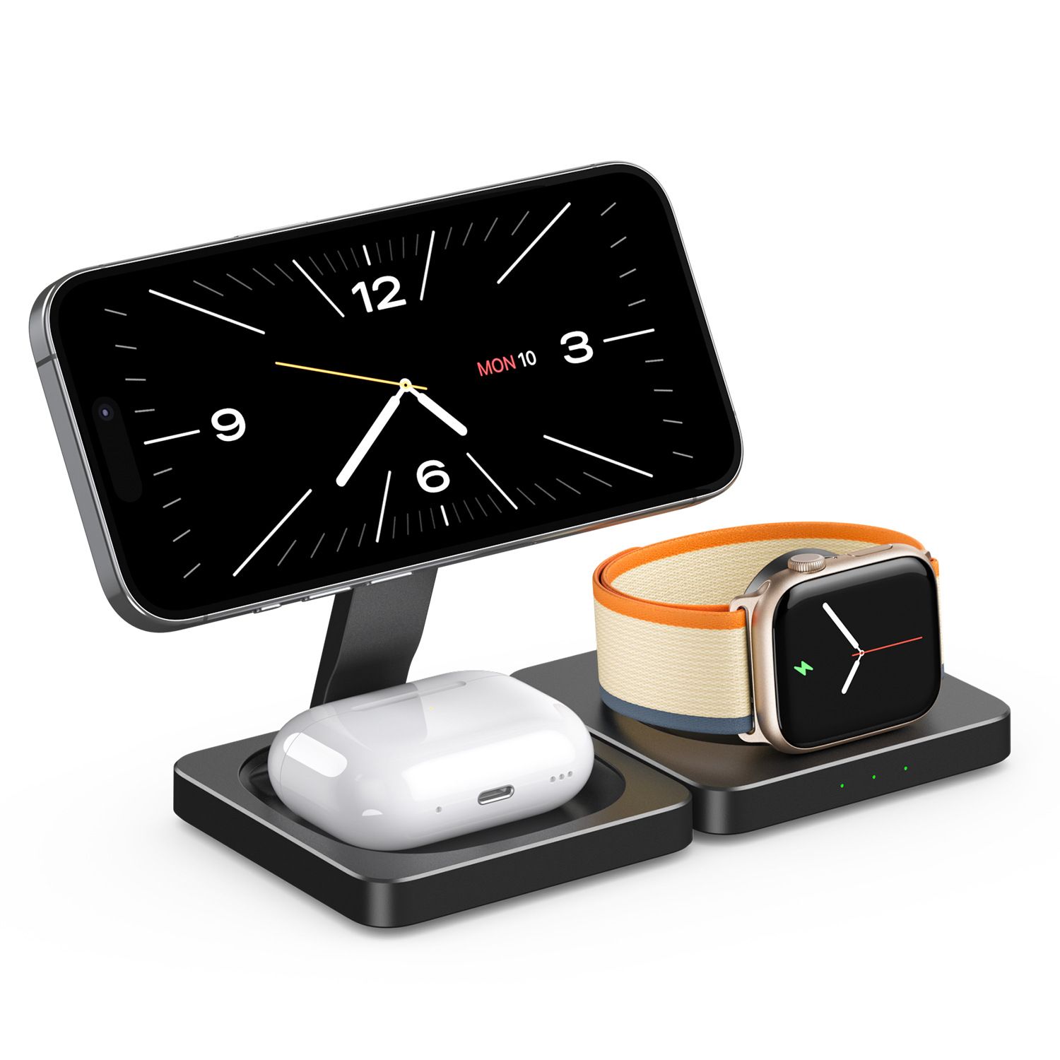 Portable 3-in-1 wireless charger with fast charging stand for mobile phones, compatible with Apple Watch, headphones, and wireless charging