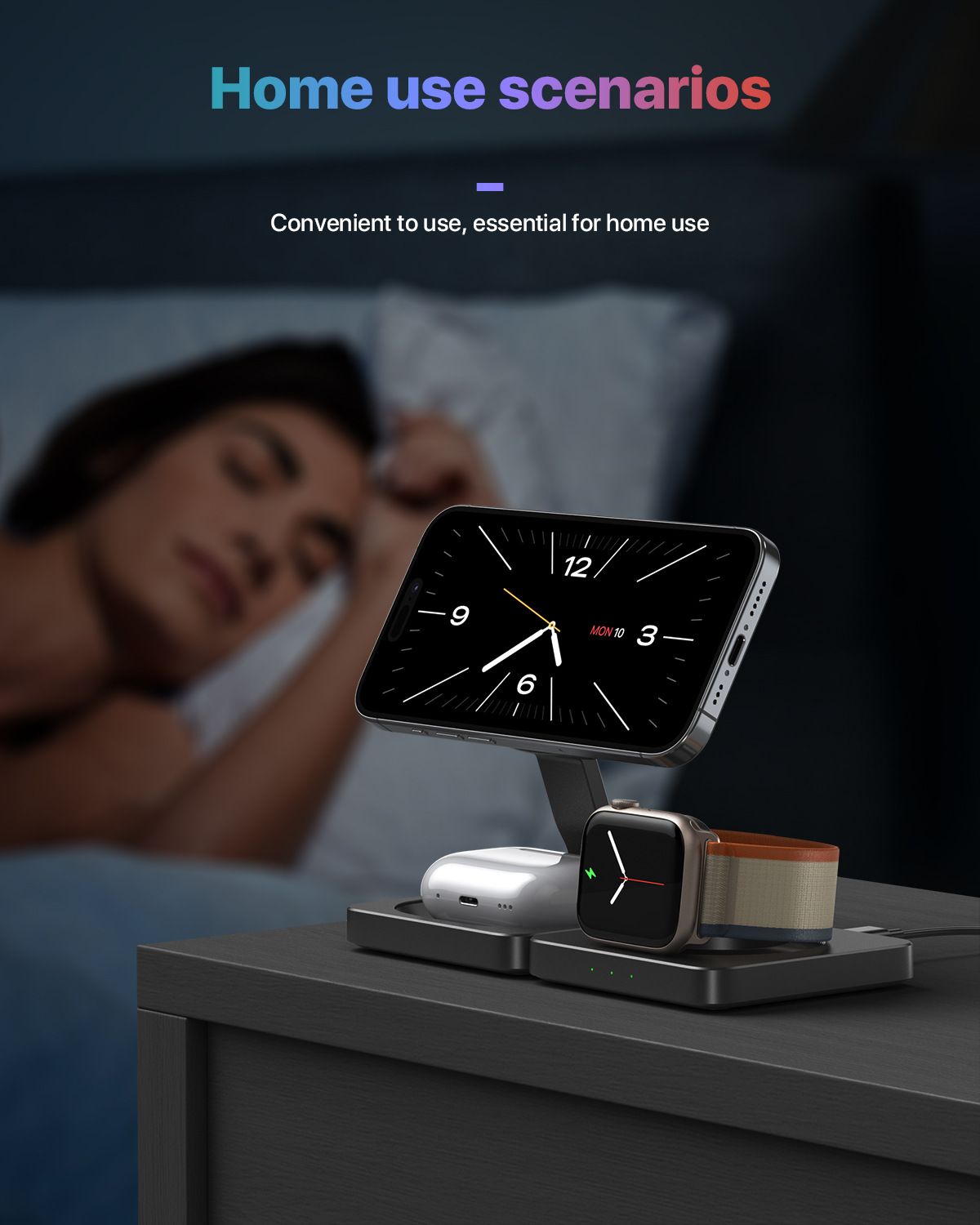 Portable 3-in-1 wireless charger with fast charging stand for mobile phones, compatible with Apple Watch, headphones, and wireless charging