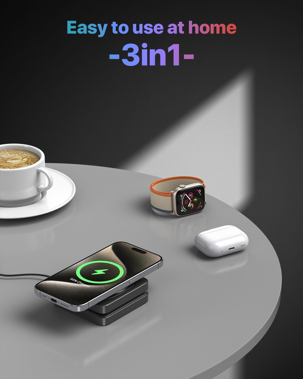 Portable 3-in-1 wireless charger with fast charging stand for mobile phones, compatible with Apple Watch, headphones, and wireless charging