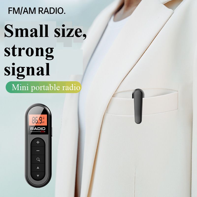 Rechargeable mini radio, small and portable, with FM tuner, clip-on design, suitable for elderly people and meetings