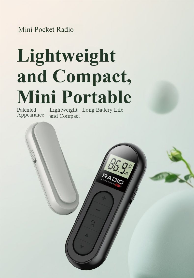 Rechargeable mini radio, small and portable, with FM tuner, clip-on design, suitable for elderly people and meetings