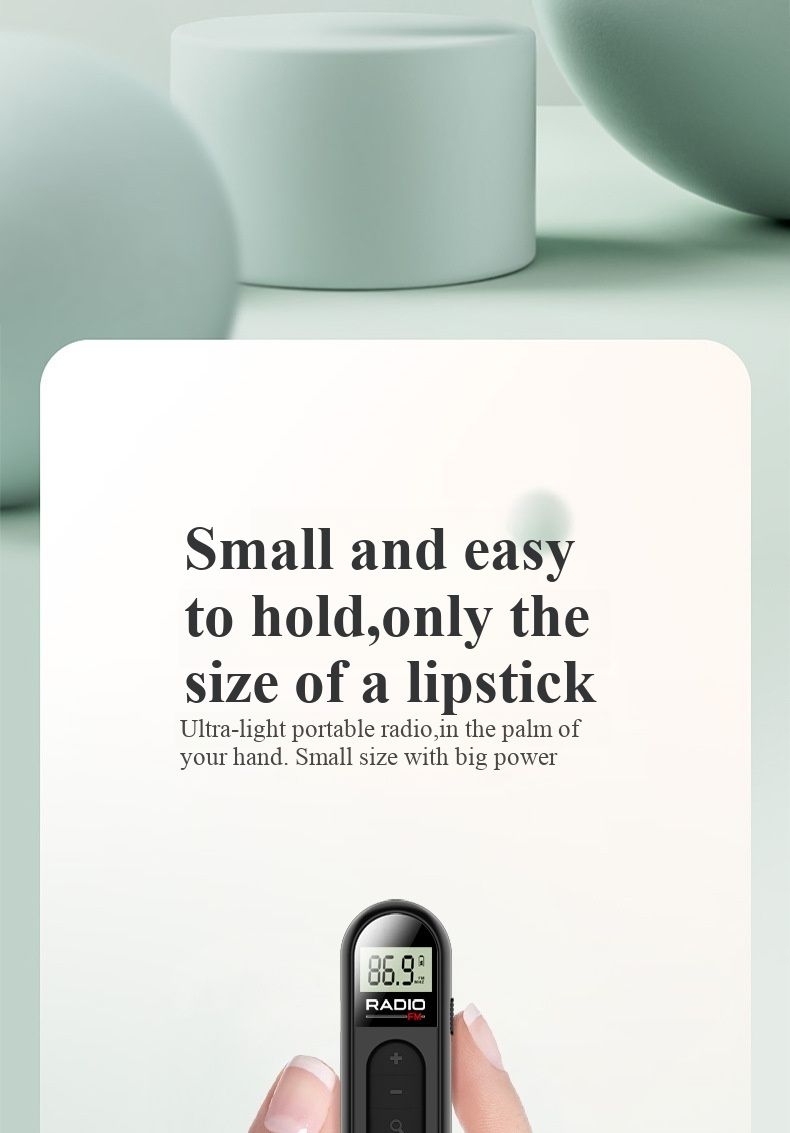 Rechargeable mini radio, small and portable, with FM tuner, clip-on design, suitable for elderly people and meetings