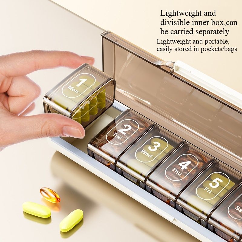 Medicine box, 7-day portable sealed light-proof compartmented box for medicine, large-capacity medicine dispenser