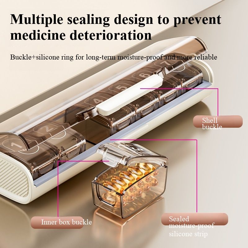 Medicine box, 7-day portable sealed light-proof compartmented box for medicine, large-capacity medicine dispenser