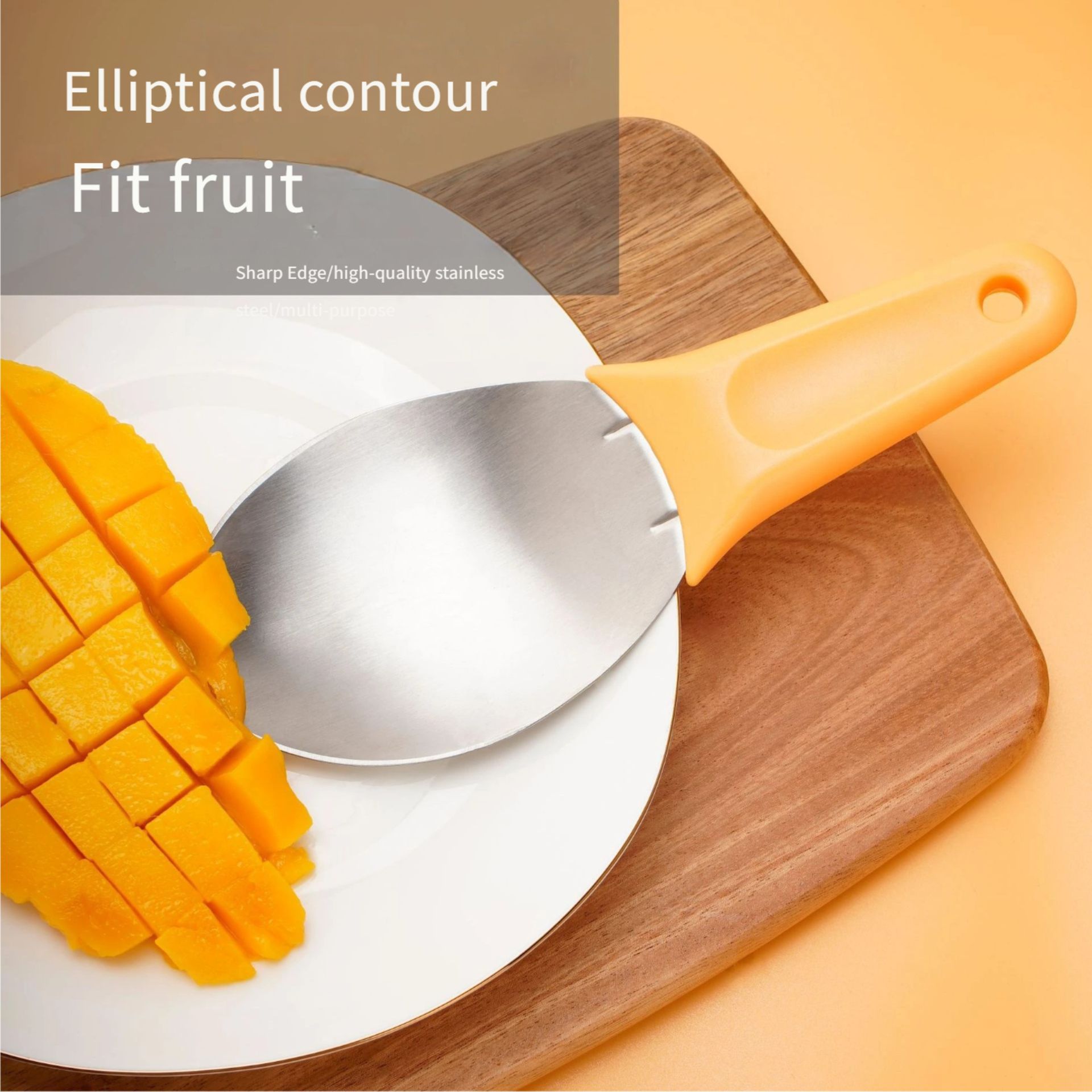 Mango cube cutter, spoon, multi-functional mango peeling and separating device, peeling knife, dicing tool, scoop, fruit flesh extractor, spoon