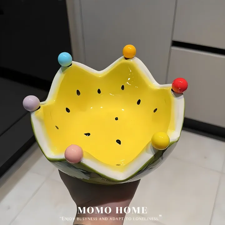 Watermelon fruit plate, creative ceramic fruit fork set, large capacity living room coffee table fruit bowl and plate, cute small decorations