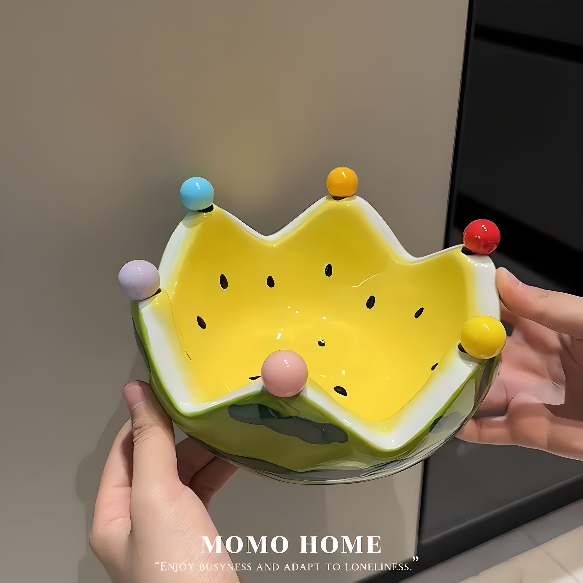 Watermelon fruit plate, creative ceramic fruit fork set, large capacity living room coffee table fruit bowl and plate, cute small decorations
