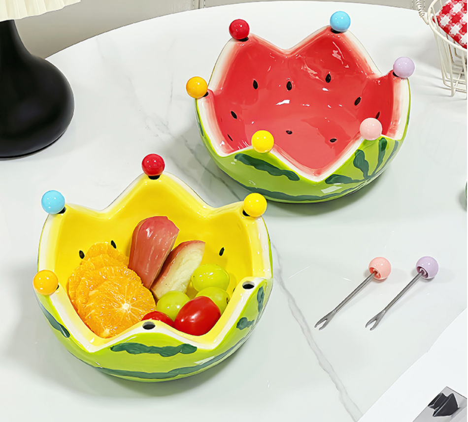 Watermelon fruit plate, creative ceramic fruit fork set, large capacity living room coffee table fruit bowl and plate, cute small decorations