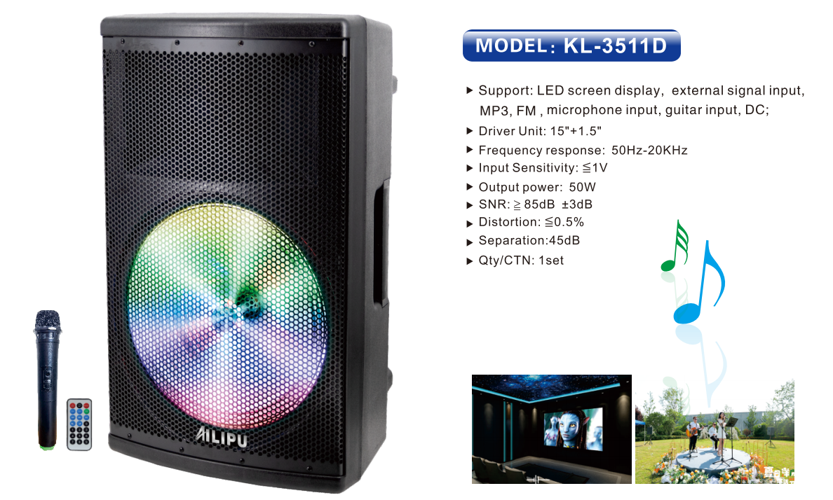 AILIPU KL-3511D 15inch SPEAKER RECHARGABLE PARTY BOX PORTABLE SPEAKER Outdoor Subwoofer Speaker with Bluetooth,FM Radio,Free Wireless Microphone Woofer🔥🔥🔥🔥