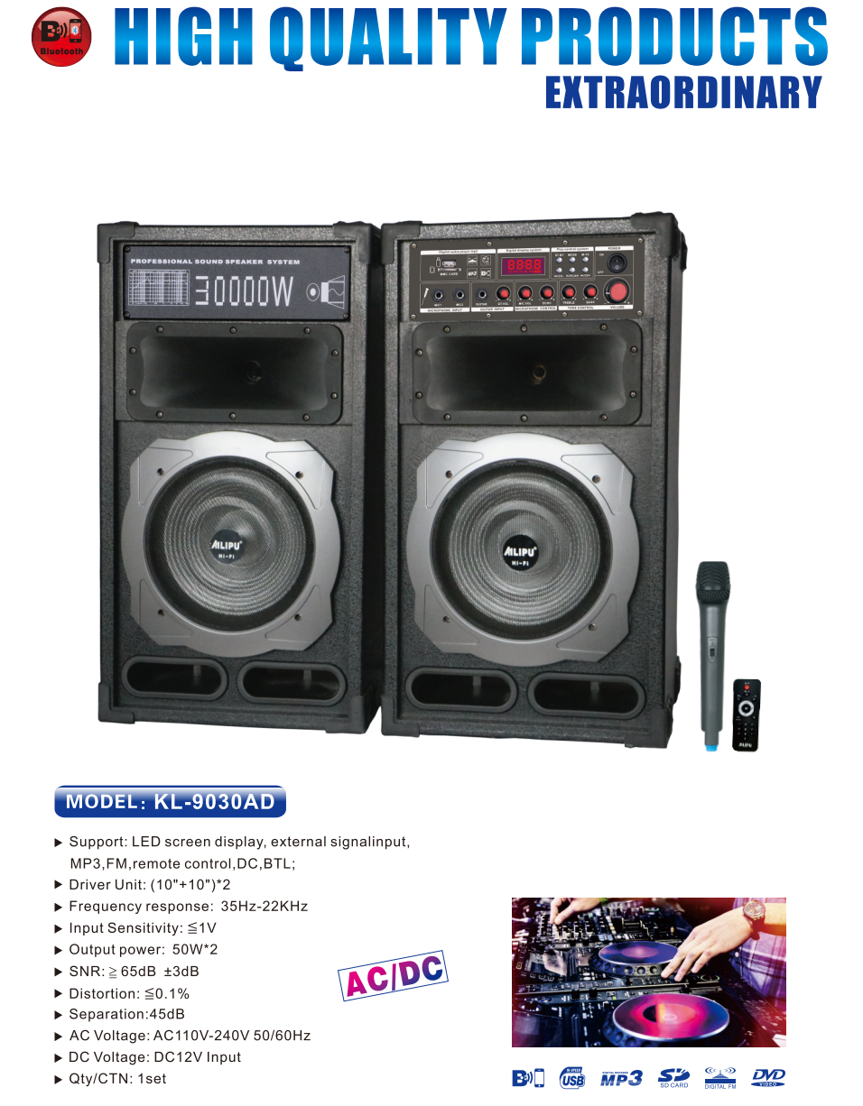 AILIPU 2.0 PA speaker box 30000W 2*10inch speaker Outdoor Professional Speaker with Bluetooth,FM Radio,Free Wireless Microphone,remote KL-9030AD