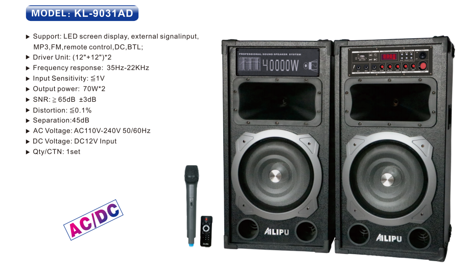 AILIPU KL-9031AD 2.0 PA speaker box 40000W 2*12inch speaker Outdoor Professional Speaker with Bluetooth,FM Radio,Free Wireless Microphone,remote