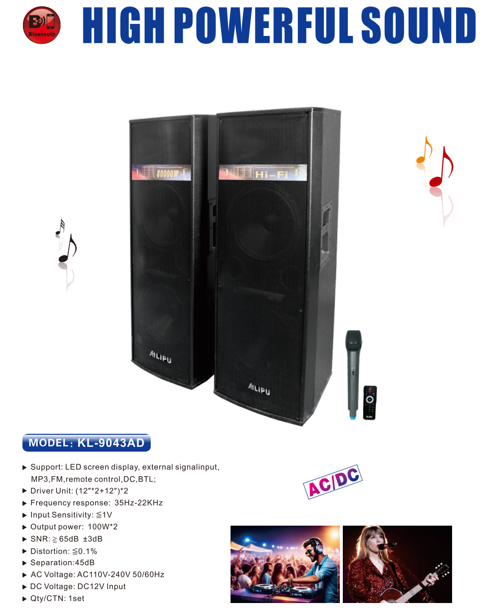 AILIPU KL-9043AD 2.0 PA speaker box 80000W 4*12inch speaker Outdoor Professional Speaker with Bluetooth,FM Radio,Free Wireless Microphone,remote