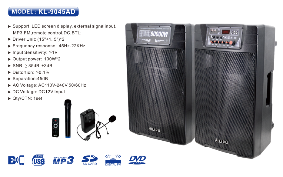 【HOT】AILIPU KL-9045AD 2.0 PA speaker box 80000W 2*15inch speaker Outdoor Professional Speaker with Bluetooth,FM Radio,2*Free Wireless Microphone,remote