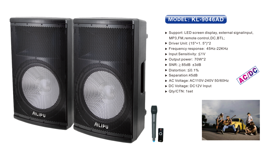 【NEW】AILIPU KL-9046AD 2.0 PA speaker box 2*15inch speaker Outdoor Professional Speaker with Bluetooth,FM Radio,2*Free Wireless Microphone,remote