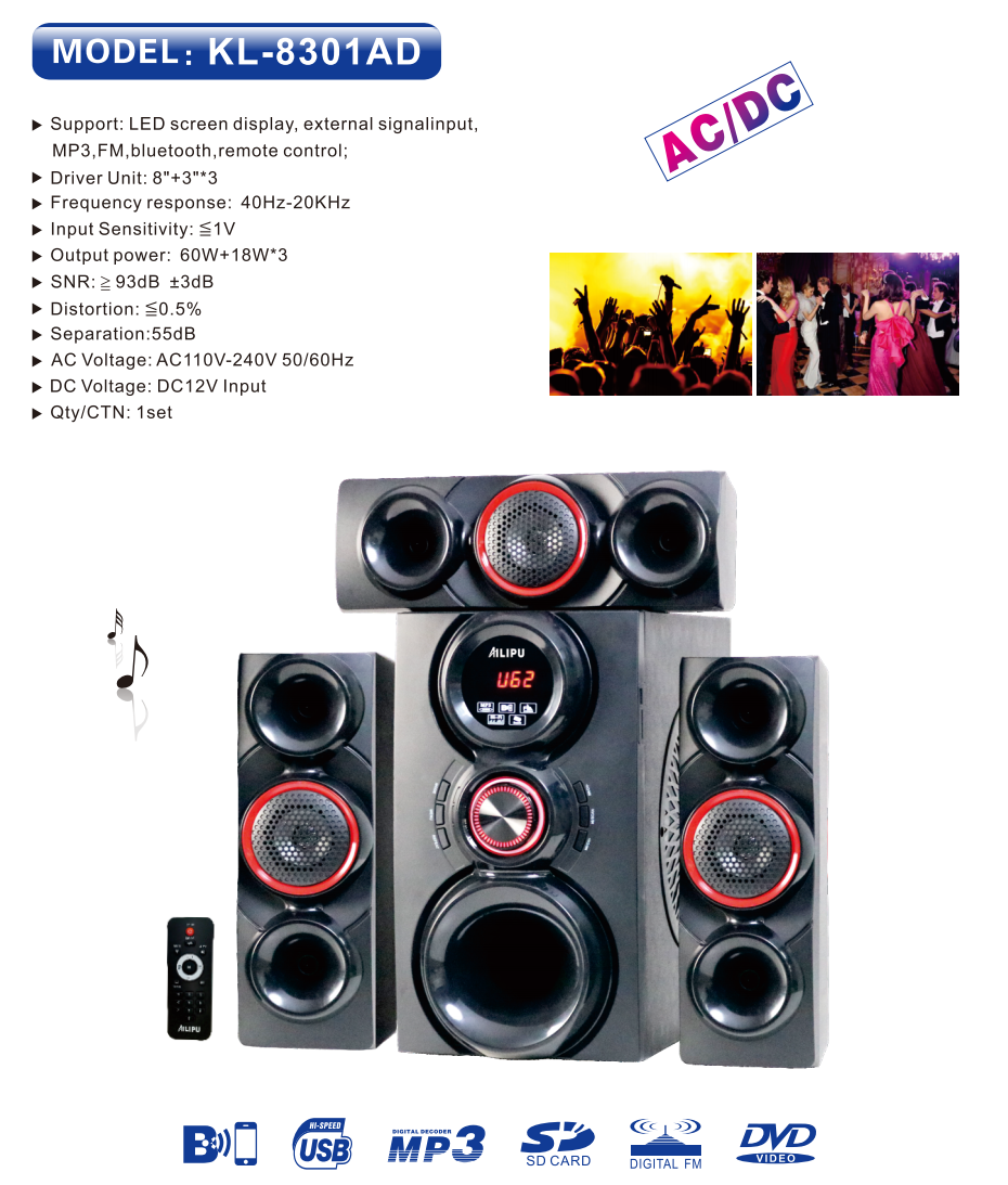 【NEW】AILIPU  KL-8301AD 3.1 8in WOOFER Pro+ 60w+18w*3 woofer speaker system Multimedia Speaker Output Power Subwoofer Bluetooth Cinema Home theater System Bluetooth Hi-Fi