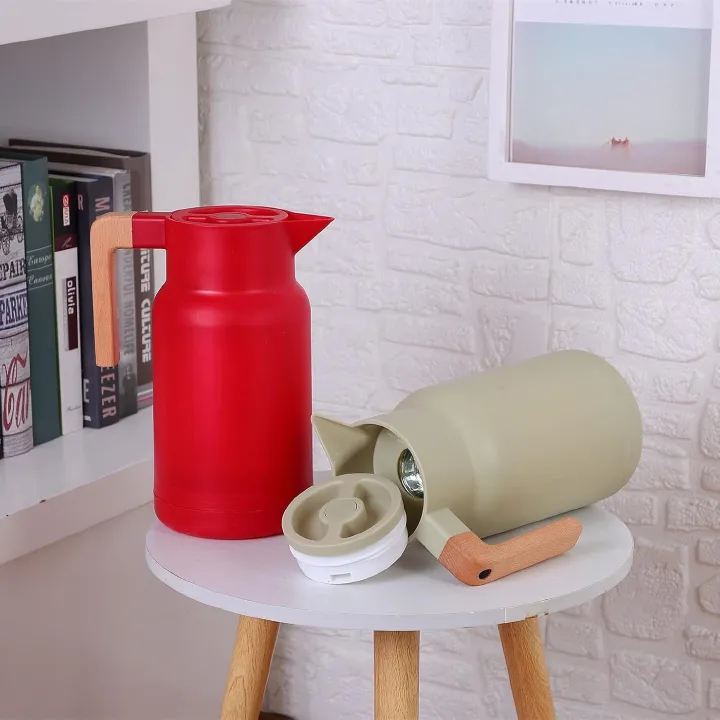 Thermos Flask, Large Teapot, Thermal Flask Insulated Bottles with Wooden Handle, Thermal Hot Water Bottles, Glass Insert, Insulated Pot (Capacity: 1L