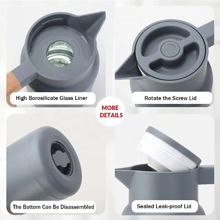 Thermos Flask, Large Teapot, Thermal Flask Insulated Bottles with Wooden Handle, Thermal Hot Water Bottles, Glass Insert, Insulated Pot (Capacity: 1L