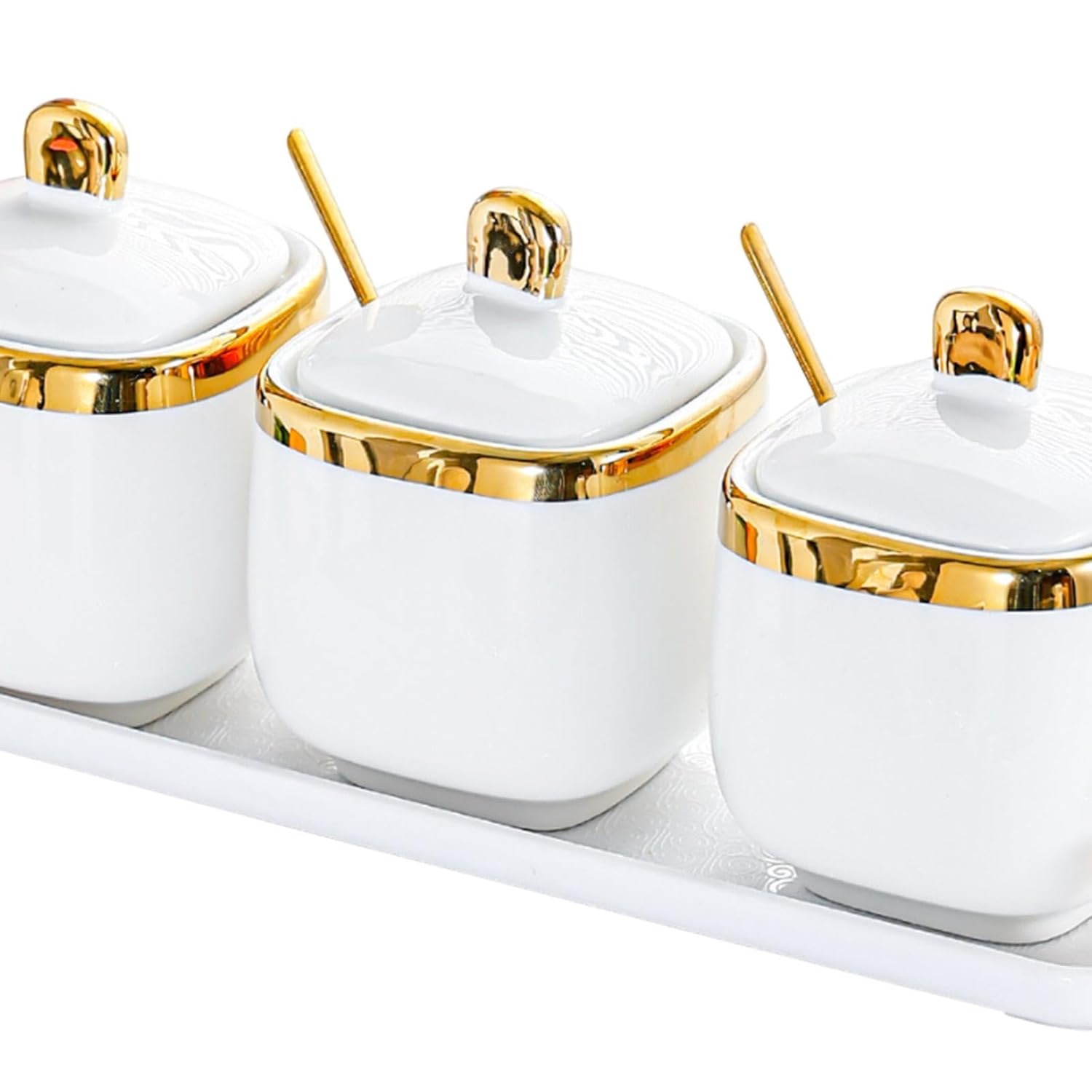 Condiment Canister Nordic Food Storage Container Spice Container for Parties 3 jar gold| Kitchen Storage & Organization |3 Condiment Pot with spoon1 tray