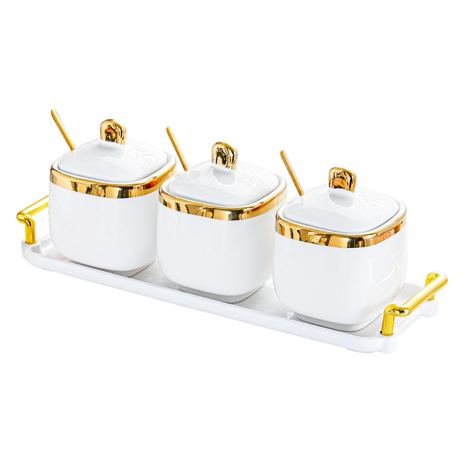Condiment Canister Nordic Food Storage Container Spice Container for Parties 3 jar gold| Kitchen Storage & Organization |3 Condiment Pot with spoon1 tray