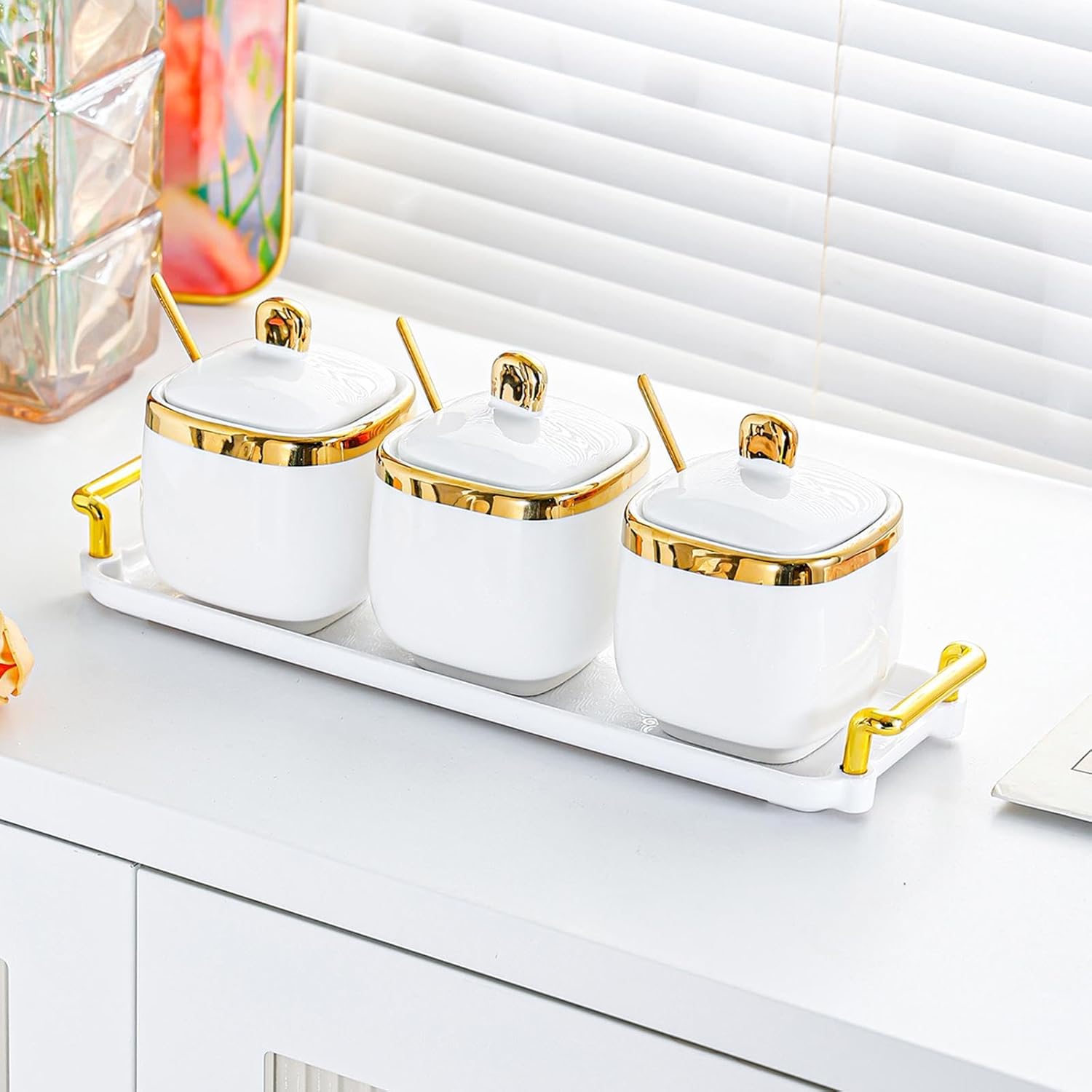 Condiment Canister Nordic Food Storage Container Spice Container for Parties 3 jar gold| Kitchen Storage & Organization |3 Condiment Pot with spoon1 tray