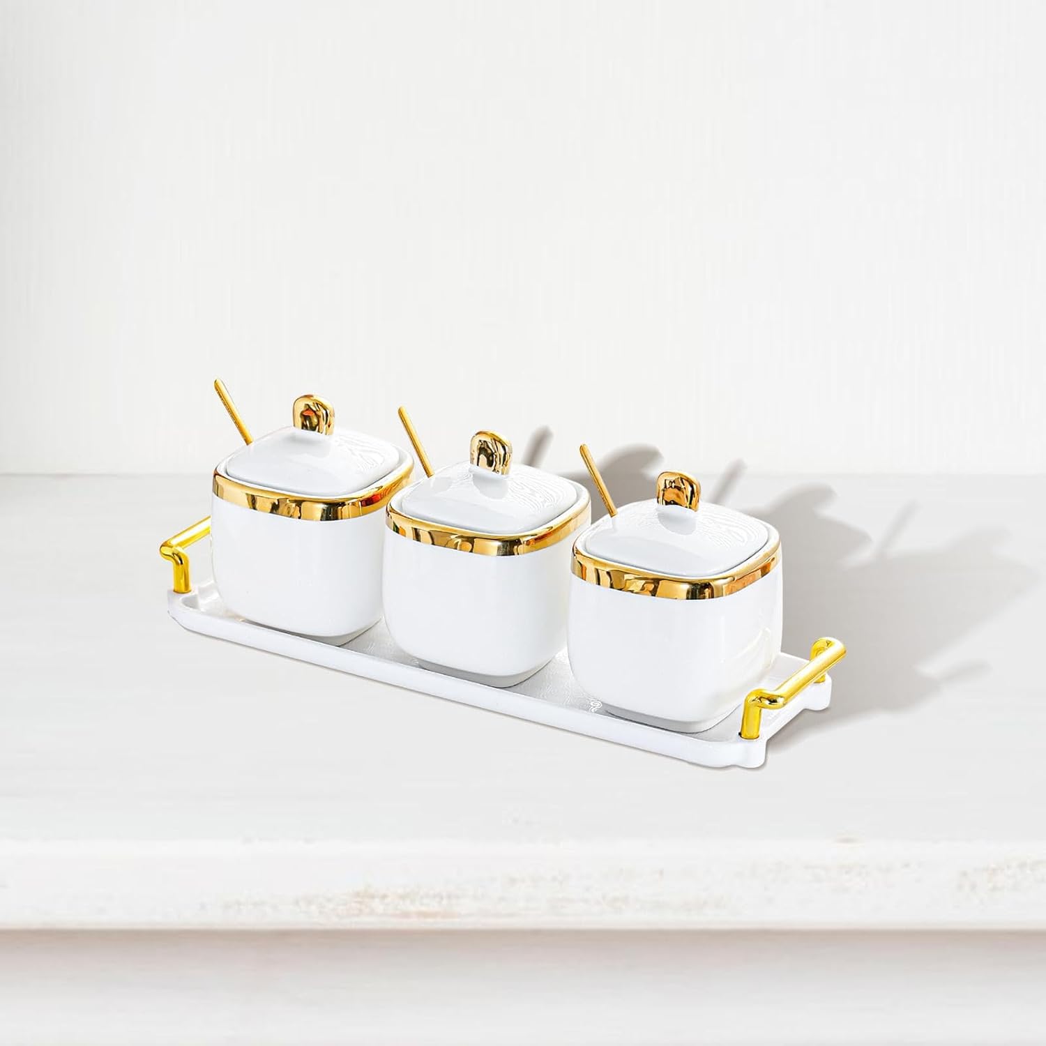Condiment Canister Nordic Food Storage Container Spice Container for Parties 3 jar gold| Kitchen Storage & Organization |3 Condiment Pot with spoon1 tray