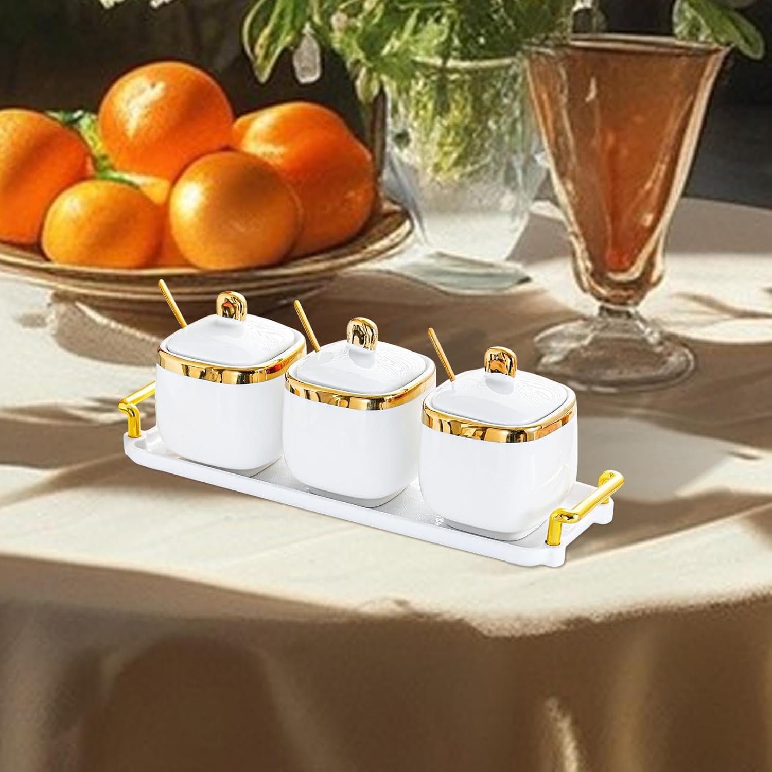 Condiment Canister Nordic Food Storage Container Spice Container for Parties 3 jar gold| Kitchen Storage & Organization |3 Condiment Pot with spoon1 tray