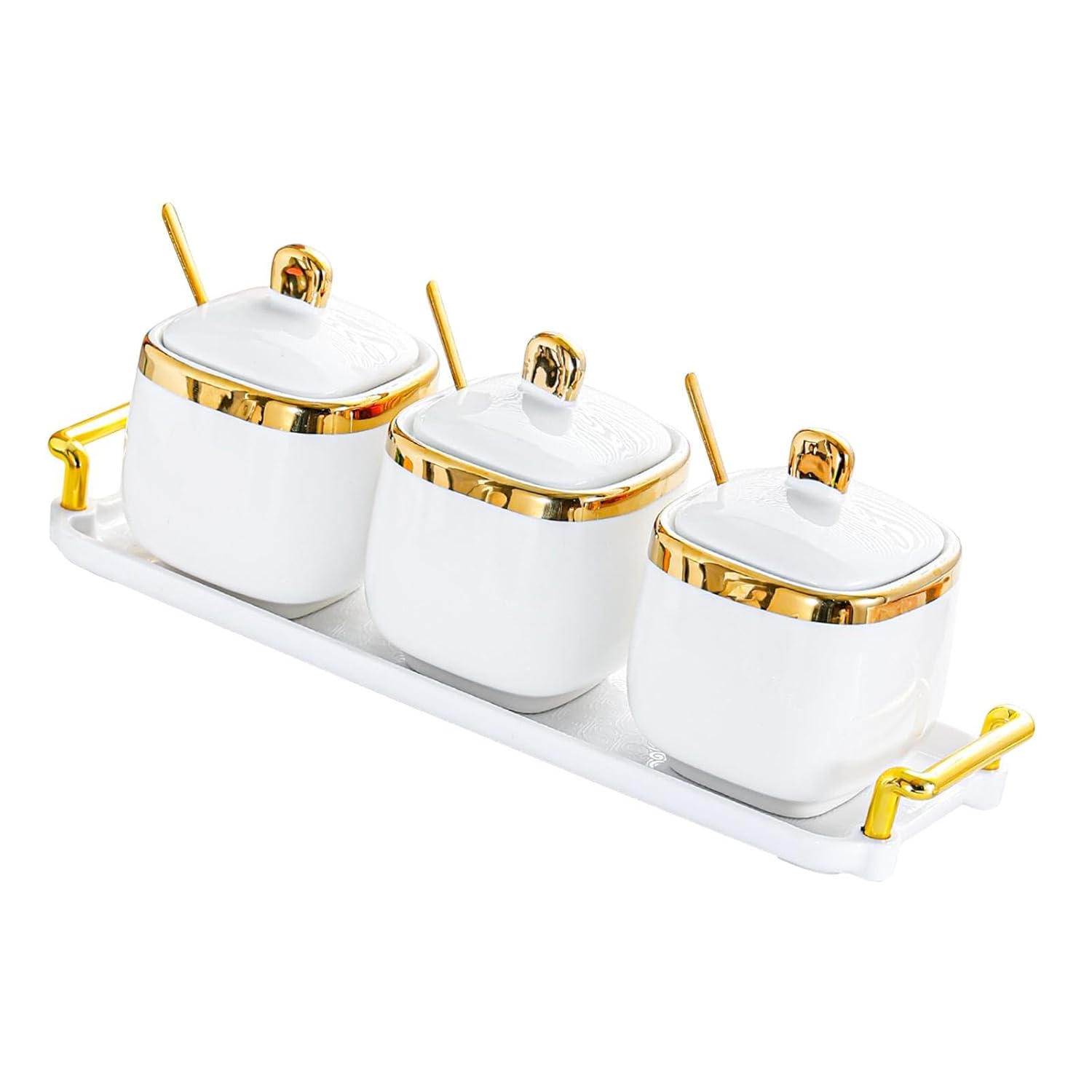 Condiment Canister Nordic Food Storage Container Spice Container for Parties 3 jar gold| Kitchen Storage & Organization |3 Condiment Pot with spoon1 tray