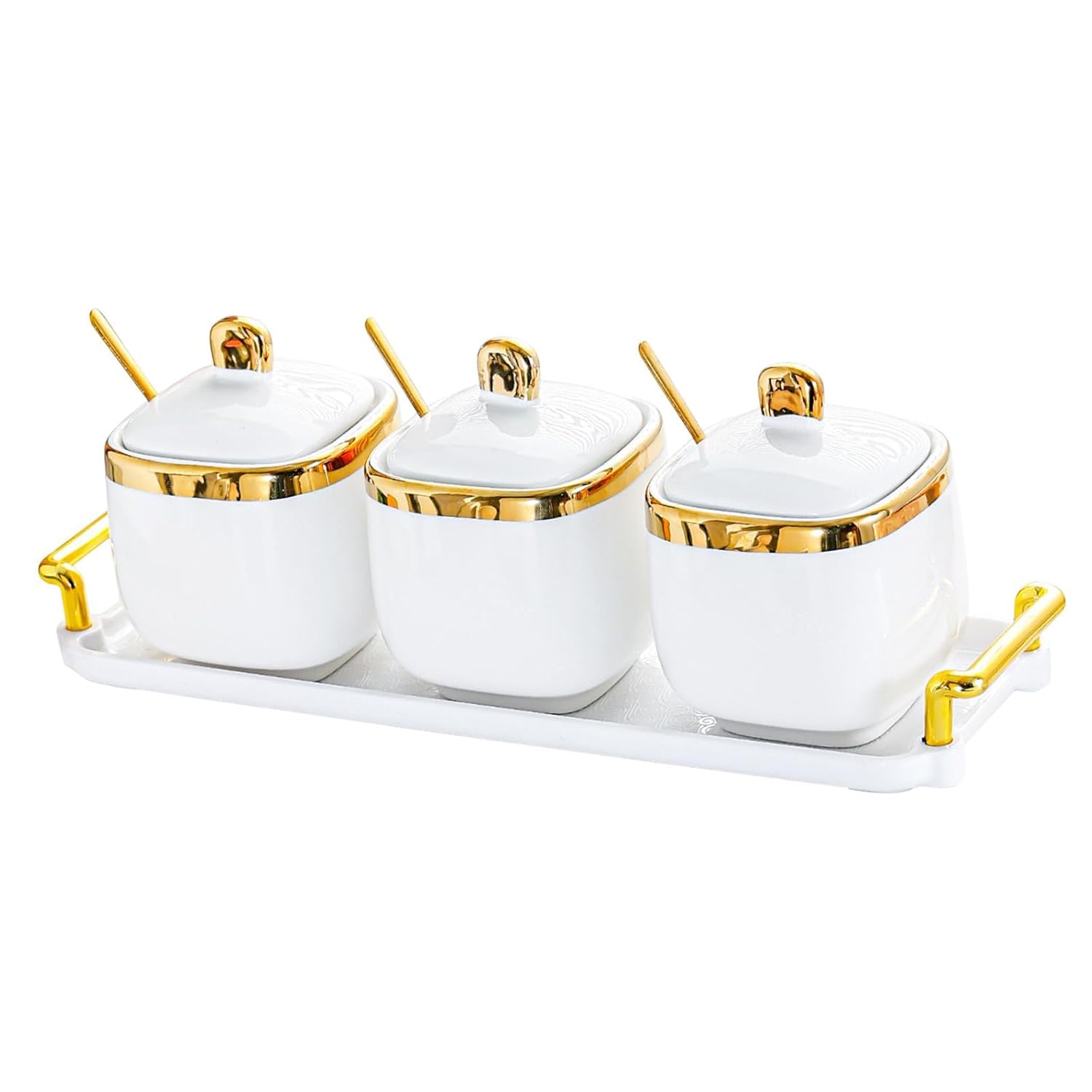 Condiment Canister Nordic Food Storage Container Spice Container for Parties 3 jar gold| Kitchen Storage & Organization |3 Condiment Pot with spoon1 tray