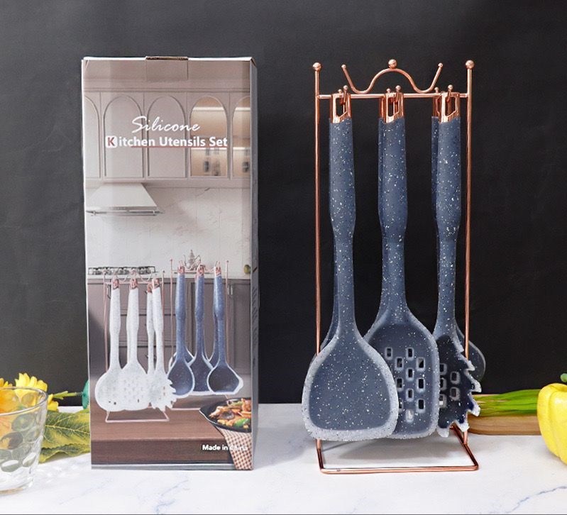 Premium 7pcs Food Grade Silicone Kitchen Utensils  Marble Kitchen Utensils Non Stick Kitchenware Set