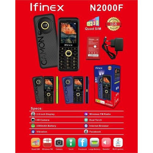 Ifinex N2000F FOUR(QUAD) SIM CARDS 2.8" BIG SCREEN DISPLAY 3300mAh battery capacity FEATURE PHONE WITH DUAL TORCH, HD CAMERA Bluetooth, Wireless FM, SD Slot button/katululu FEATURED PHONE