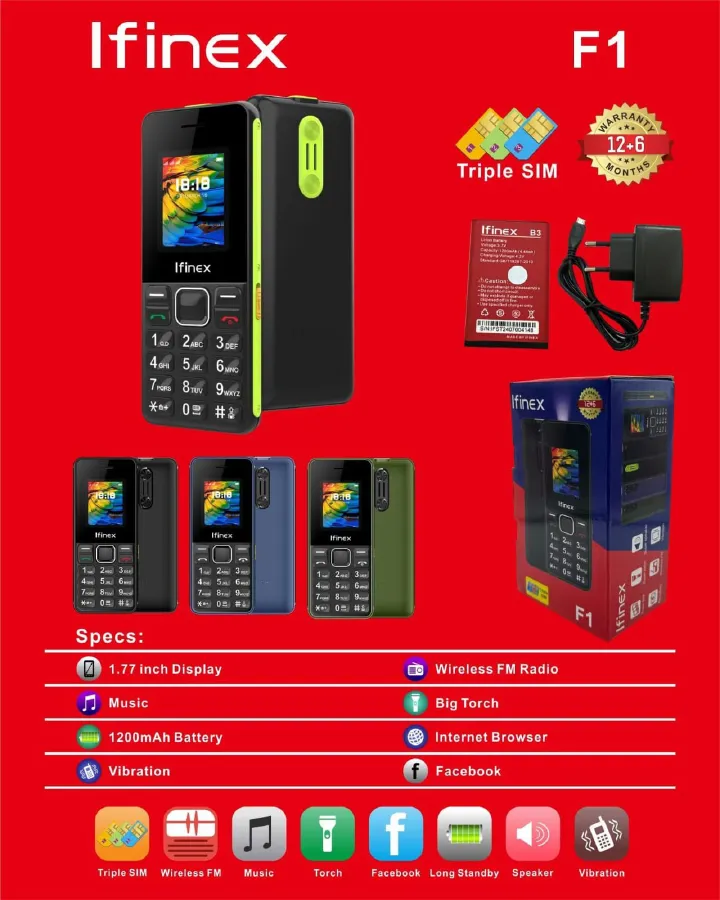 Ifinex F1 TRIPPLE SIM 1.77" INCH SCREEN DISPLAY 1200mAh battery capacity FEATURE PHONE WITH BIG TORCH, Bluetooth, Wireless FM, SD Slot button/katululu FEATURED PHONE